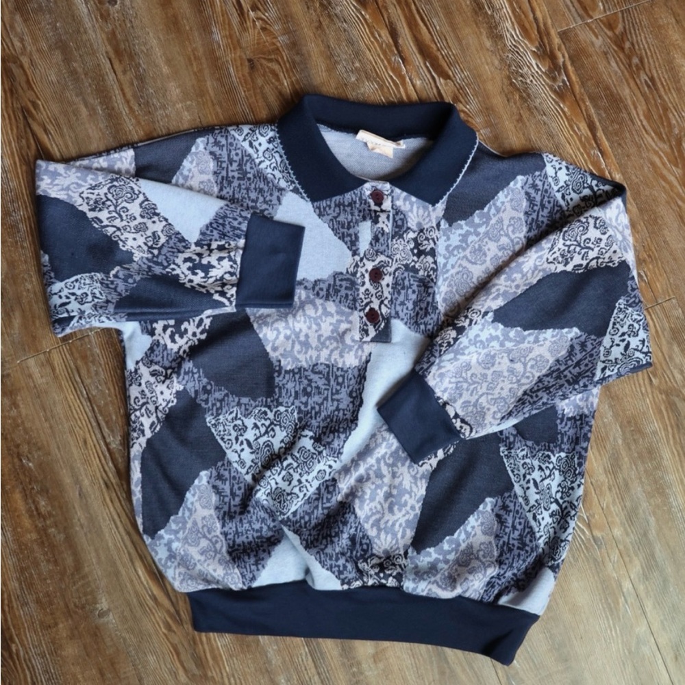 Vintage Womens Abstract Knit Collared Sweater Blue Gray 90s USA Made Small